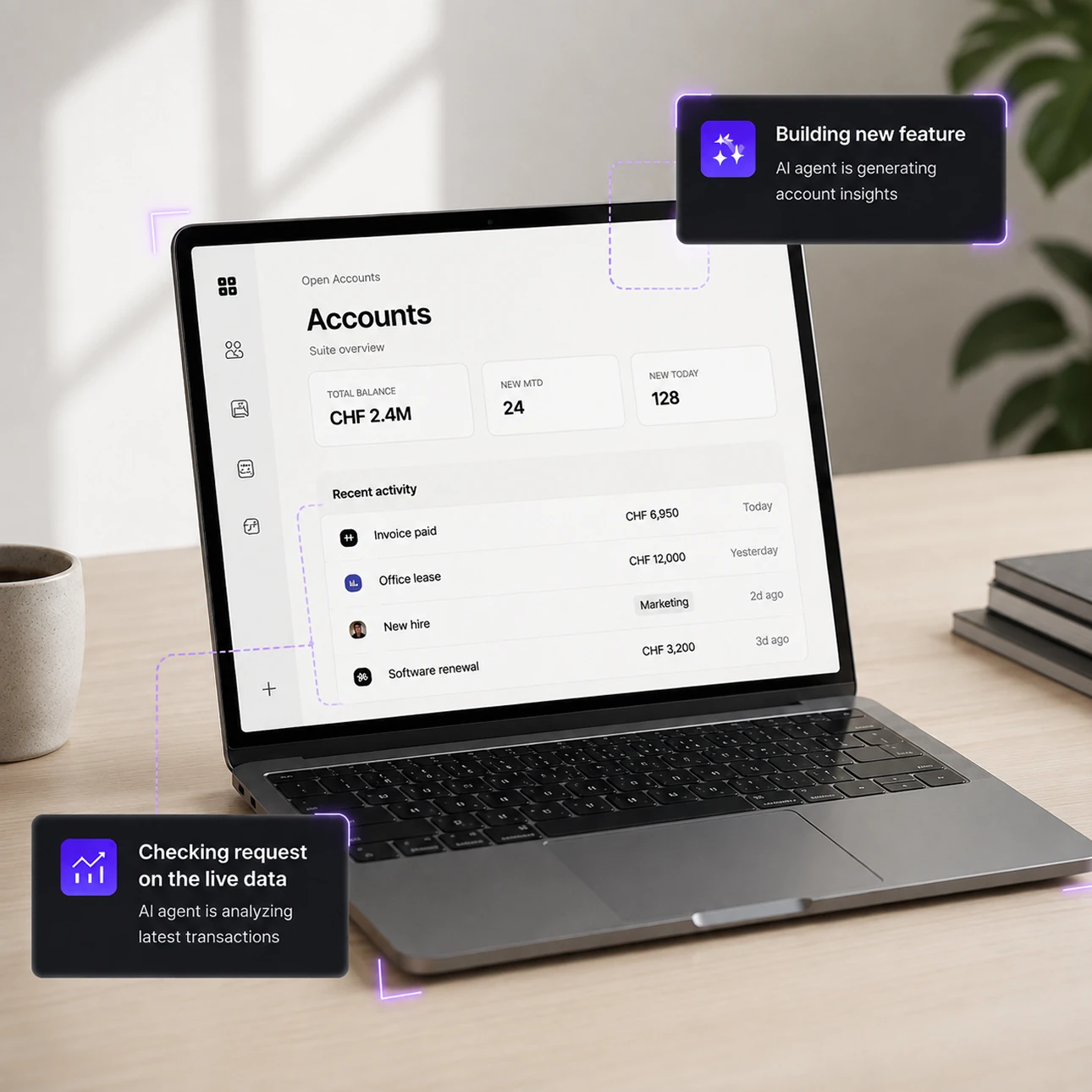 A laptop showing the Open Accounts dashboard, total balance CHF 2.4M above a list of recent transactions, with two agent status cards beside it: building a new feature to generate account insights, and checking a request against the live data.