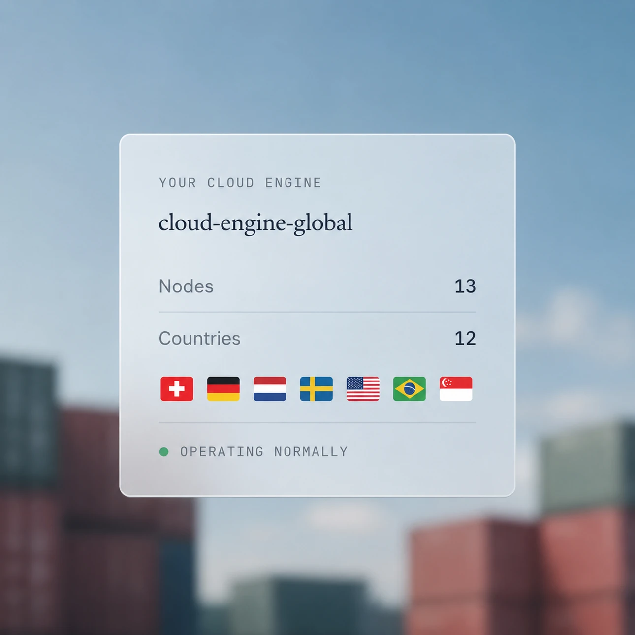A card reading: your cloud engine, cloud-engine-global. Thirteen nodes across twelve countries, operating normally.